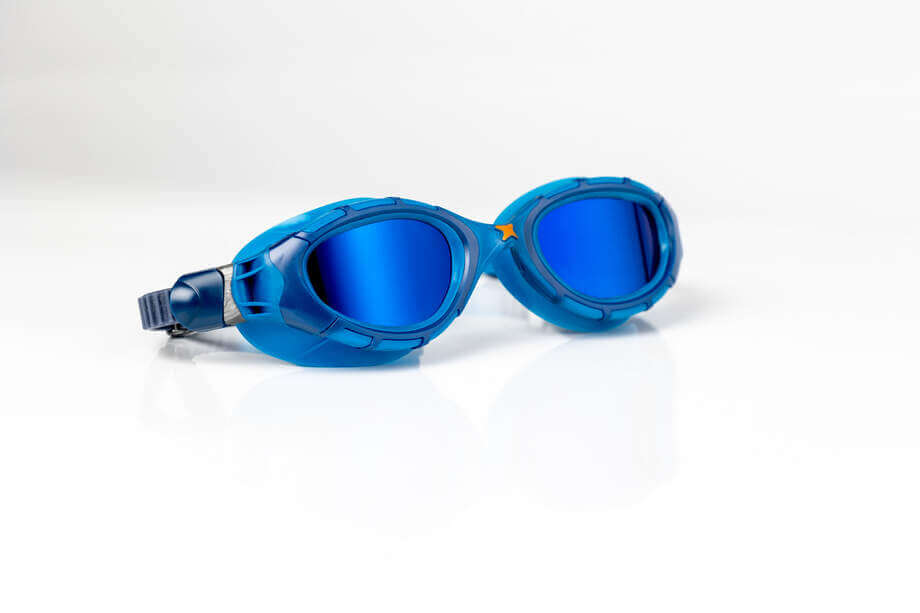 Zoggs Predator flex titanium blue tint on a white background.