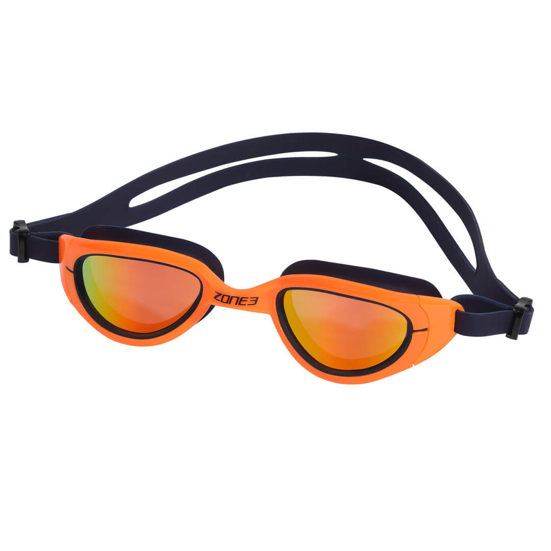Orange and purple Zone3 Attach polarised and mirrored swim goggles.