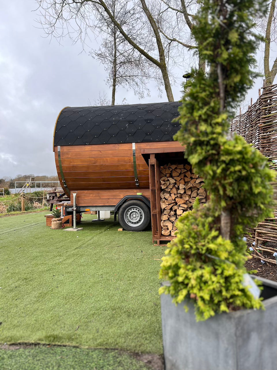 Wood fire sauna at Shepperton Splash open water swimming lake