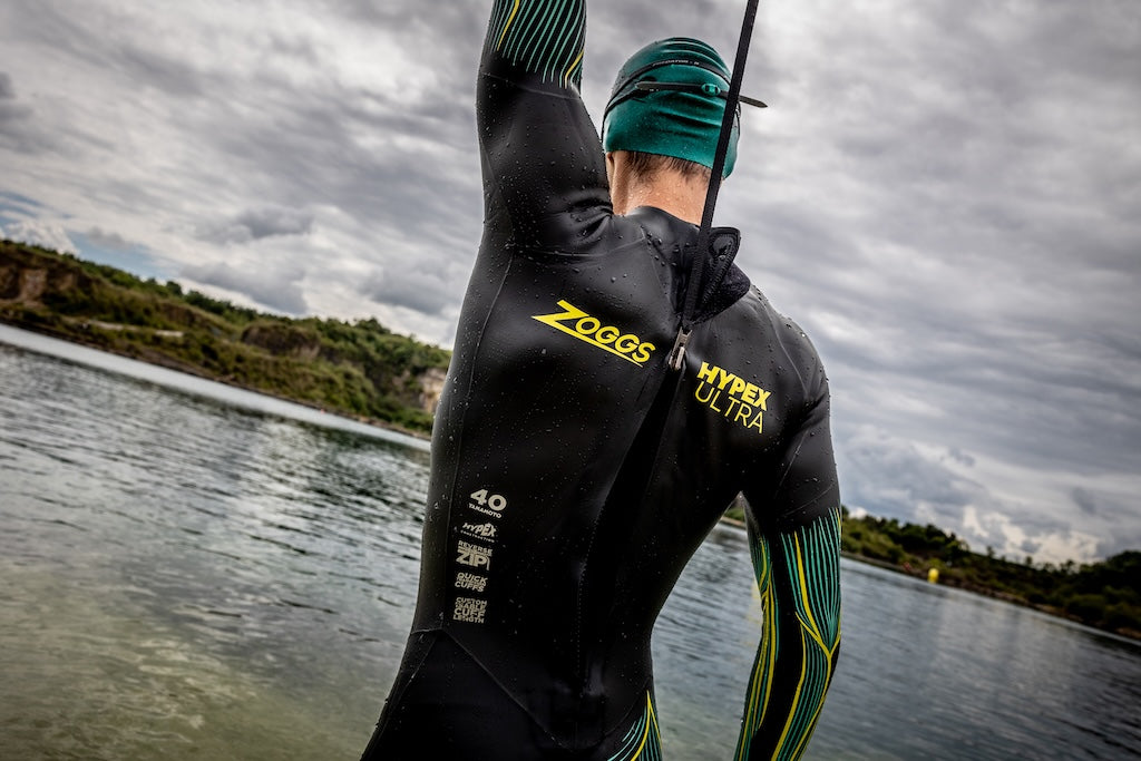 Zoggs Hypex Ultra mens triathlon wetsuit being used for an open water swim. 