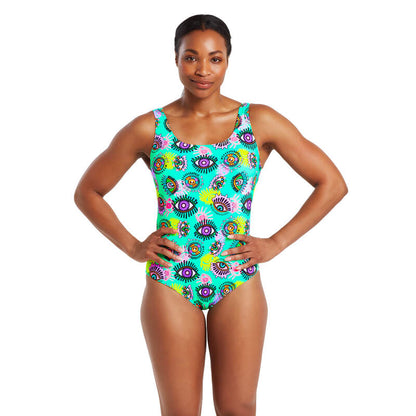 Model wearing the Zoggs thermal silver lined swimming costume.