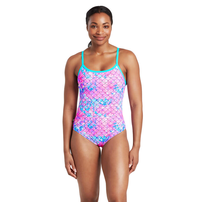 Ecofeel Zoggs Sirene Sparkle Silver-Lined Strikeback swimsuit, sustainable material, bold mermaid scale print, sporty low support style