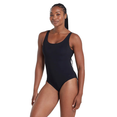 One-piece Zoggs Open Water Black Scoopback swimsuit with silver lining for extra warmth, compressive outer fabric and sustainable design.