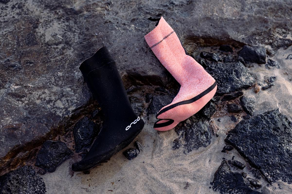 Orca hydro booties turned inside out to expose their thermal lining. 