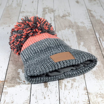 Waterproof Bobble Hat - Grey & Peach
