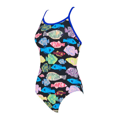 Zoggs silver lined swimsuit in the sea tribe pattern 