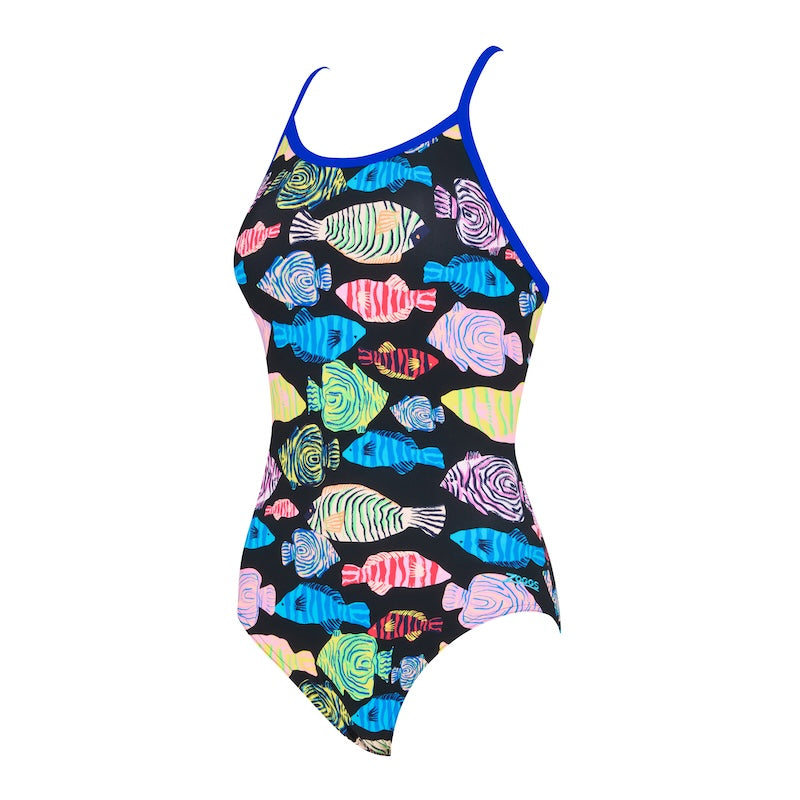 Zoggs silver lined swimsuit in the sea tribe pattern 