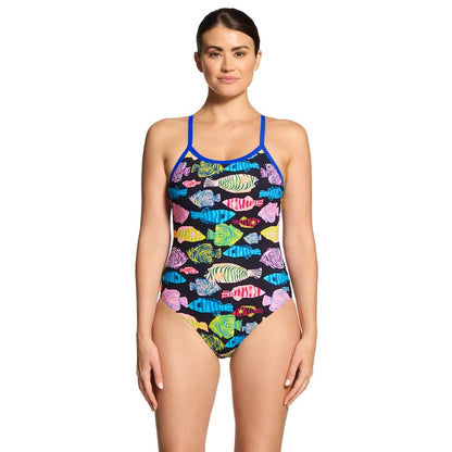 Woman wearing a colorful fish-patterned swimsuit on a white background by Zoggs.