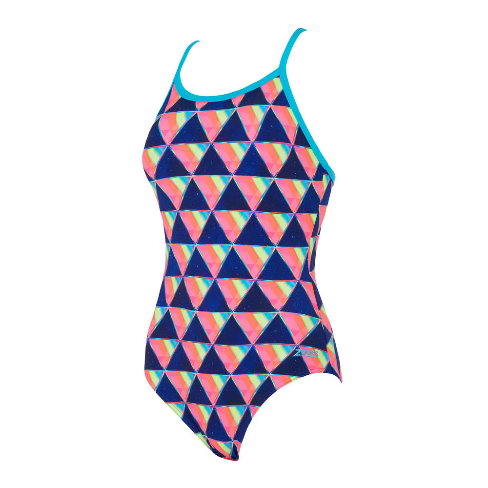 Eco-friendly Zoggs Divine Strikeback one-piece swimsuit with chlorine-resistant fabric and sporty strikeback design.