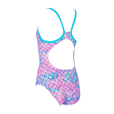 Silver-lined Zoggs Sirene Sparkle one-piece with Strikeback straps, shimmering mermaid design, UPF protection swimsuit