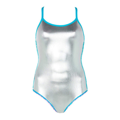 Pink/blue Zoggs Sirene Sparkle Silver-Lined Strikeback swimwear, thin criss-cross back straps, medium leg height, heat-retaining lining