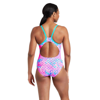 Women’s Zoggs Sirene Sparkle Silver-Lined Strikeback swimsuit in shimmering pink and blue mermaid pattern with thermal lining and eco-friendly fabric