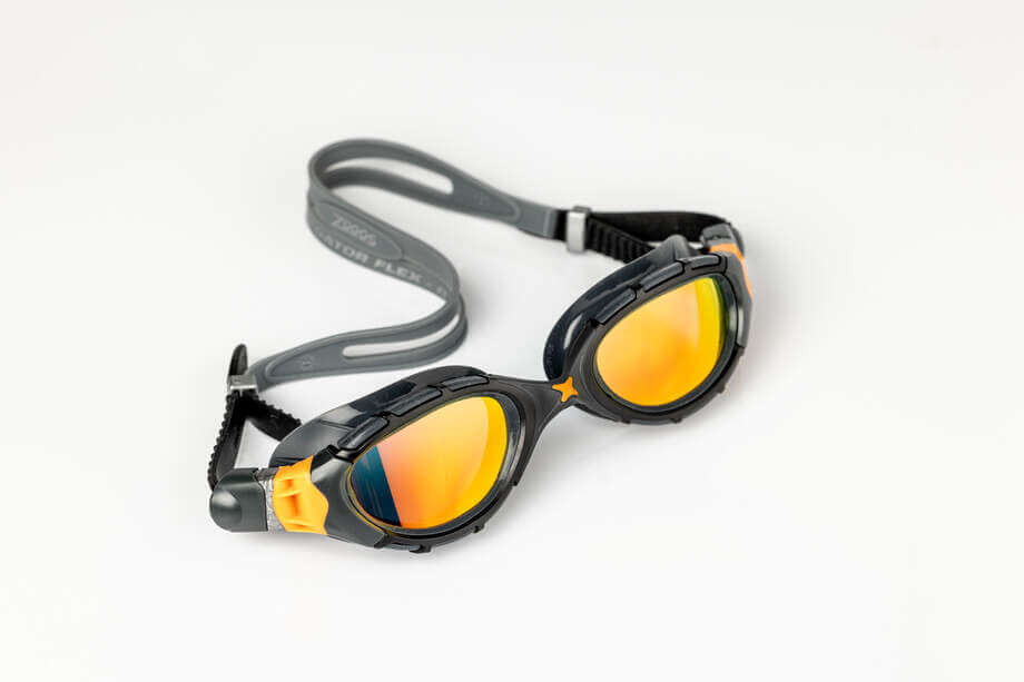 Zoggs predator flex titanium swim goggles in black and gold for open water swimming sessions.