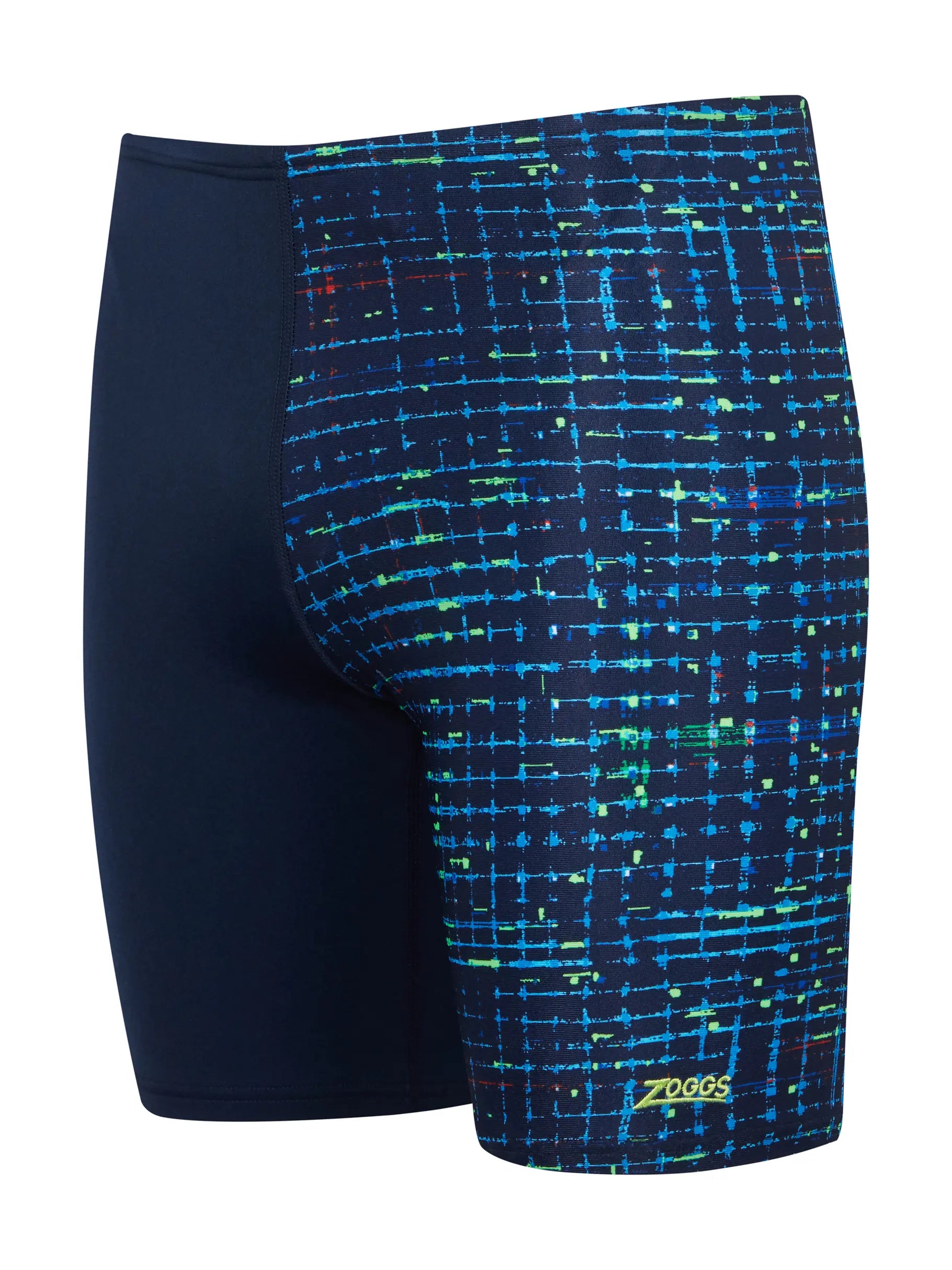 Blue and black patterned swim jammers with Zoggs branding on a white background
