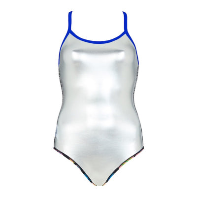 Thermal swimsuit by Zoggs for open water swimming with silver linings. 