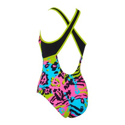 Women's Zoggs Sirene Sparkle silver-lined Strikeback swimsuit — sustainable Ecofeel fabric, UPF 50+, vibrant mermaid pattern, low support.