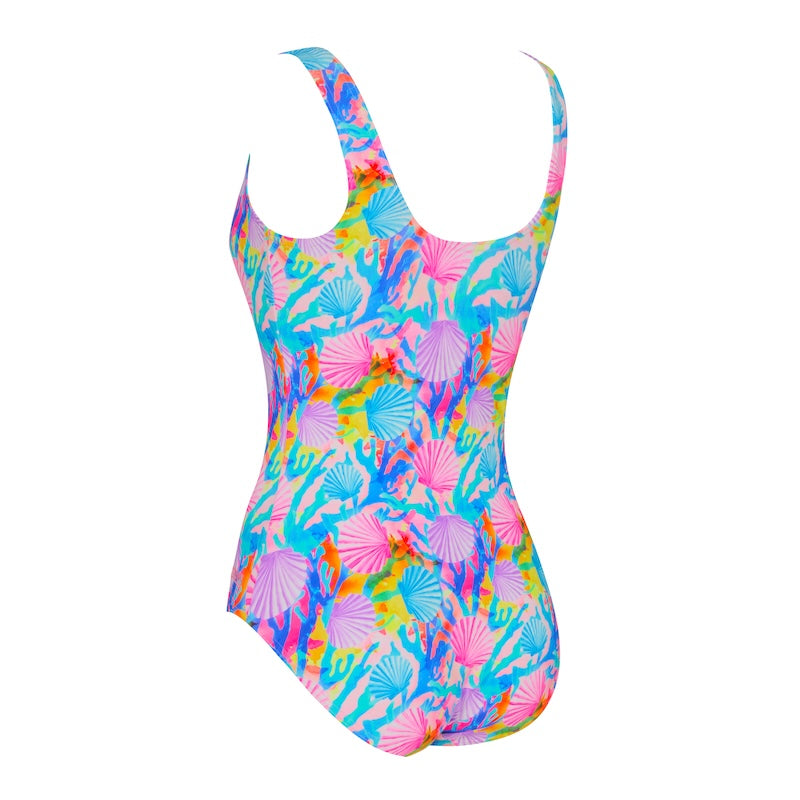 Zoggs Crazy Clams Swimsuit scoopback on a white background.