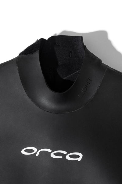 Laser cut neckline of the Orca Vitalis Sleeveless wetsuit up close. 