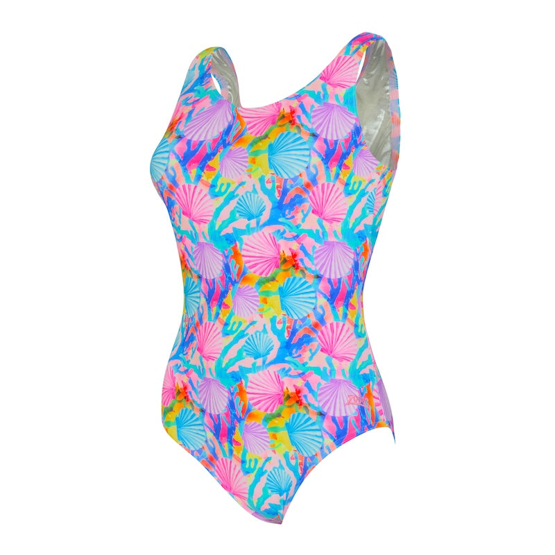 Multicoloured Zoggs swimsuit called crazy clams designed for open water swimming. 