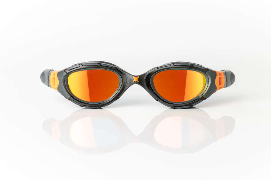 Orange Zoggs predator flex swimming goggles on a white background.