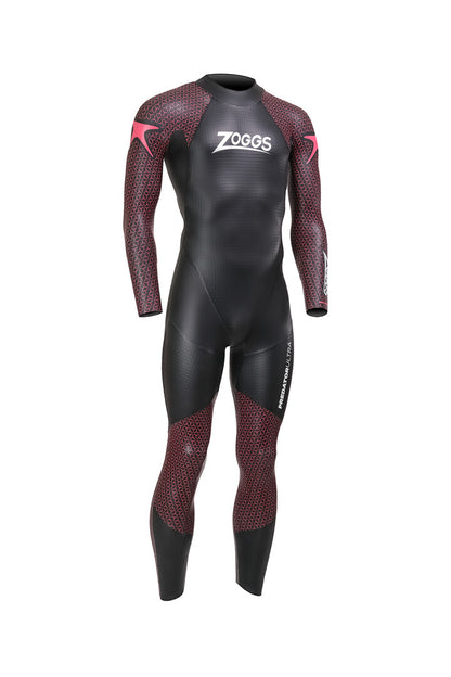 A Zoggs Predator Ultra Wetsuit for men, predominantly black with red detailing, designed for triathlon and open water swimming.