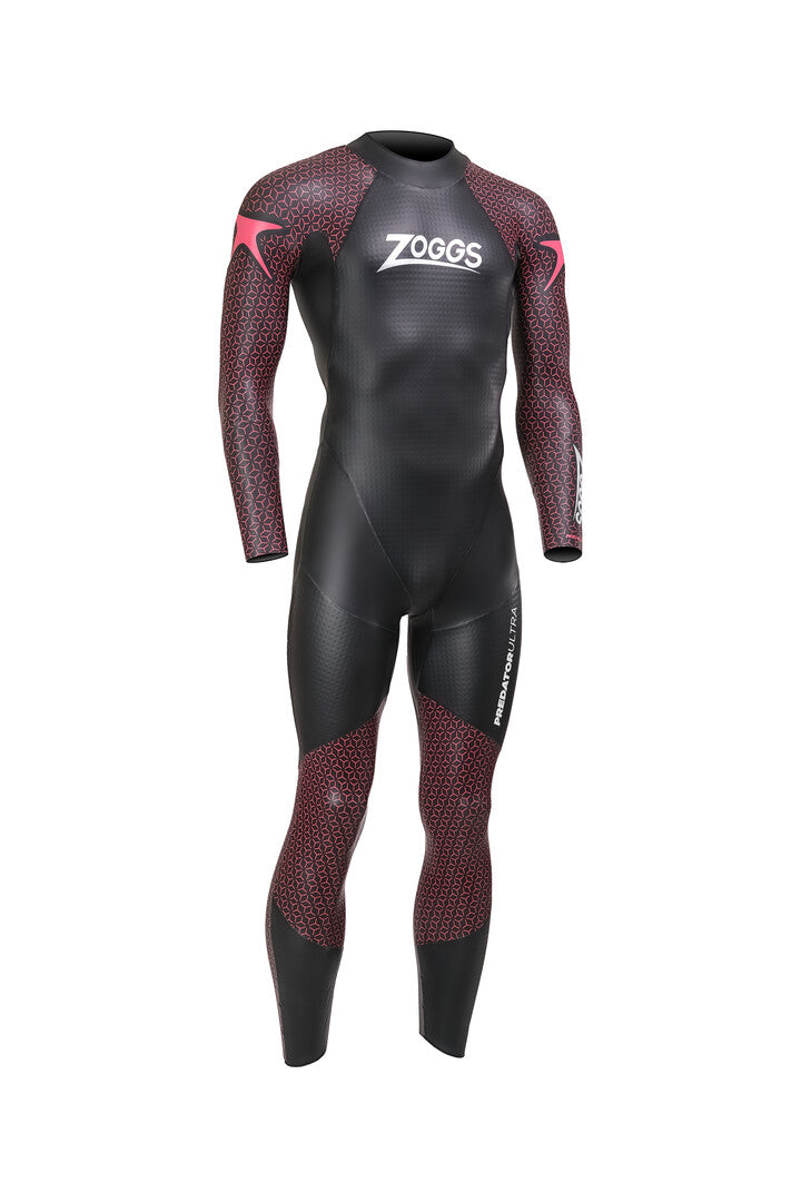 A Zoggs Predator Ultra Wetsuit for men, predominantly black with red detailing, designed for triathlon and open water swimming.