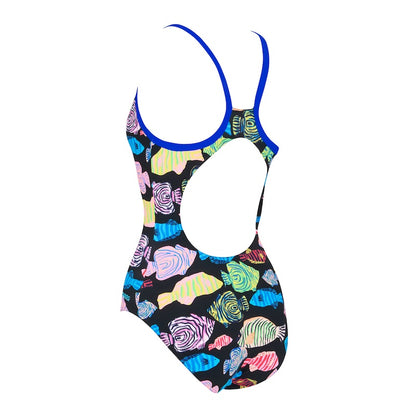 Multicolored thermal swimsuit with fish pattern on a white background