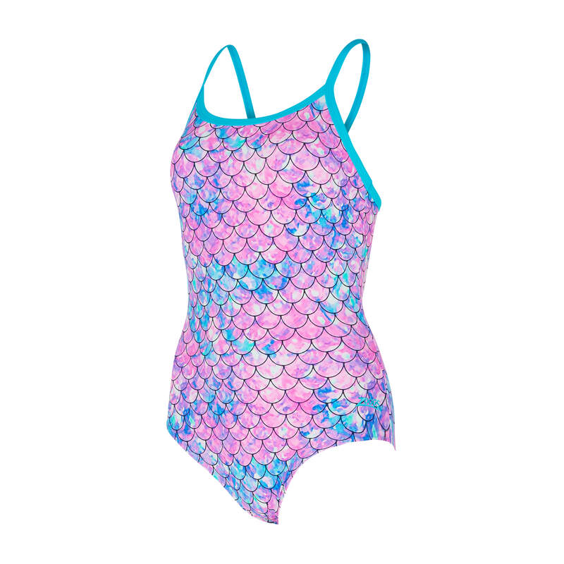 Zoggs Sirene Sparkle Strikeback swimsuit mermaid scale print pink & blue, silver-lined thermal fabric, low support, medium leg cut
