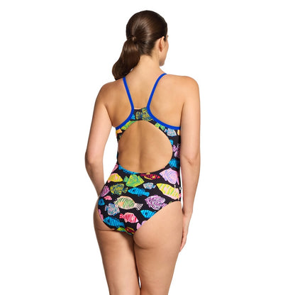 Zoggs thermal silver lined swimming costume in the sea tribe fish pattern. 