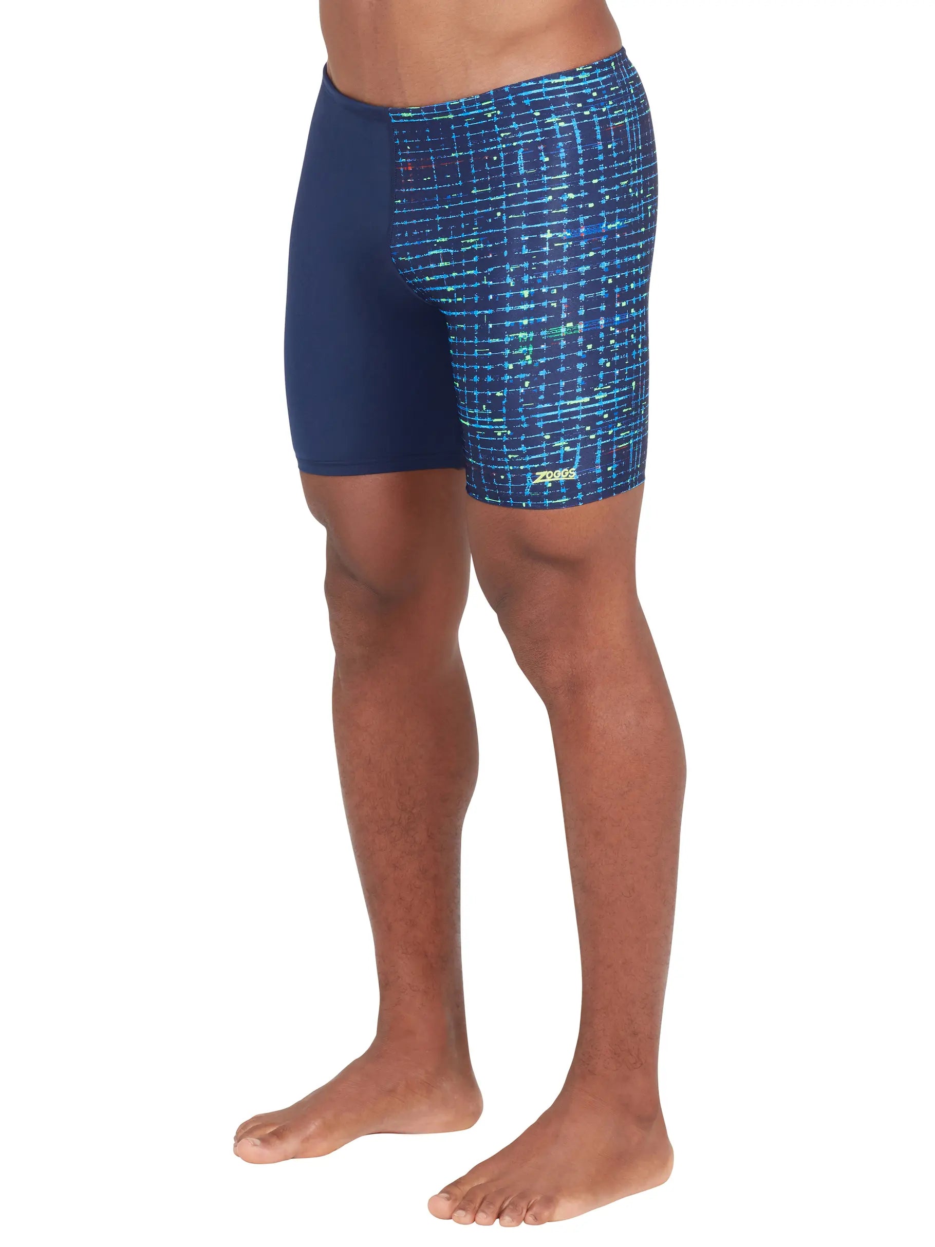 Blue Zoggs swim shorts with a pattern on a white background