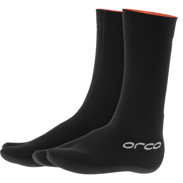 Black neoprene socks with red lining on a transparent background, featuring the Orca brand for winter swimming. 