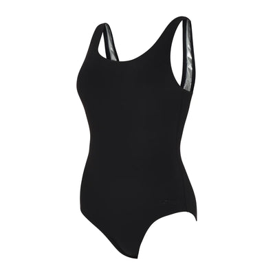 Zoggs Silver-Lined Black Open Water Scoopback swimsuit one-piece with wide supportive straps, thermal silver lining retains body heat, medium leg cut, ideal for cold water swims.