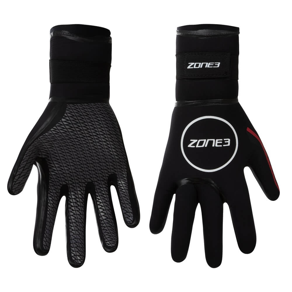 The Zone3 heat tech swimming gloves pictured side by side showing their gel seals. 