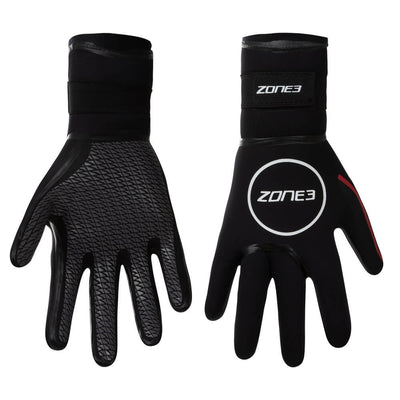 The Zone3 heat tech swimming gloves pictured side by side showing their gel seals. 